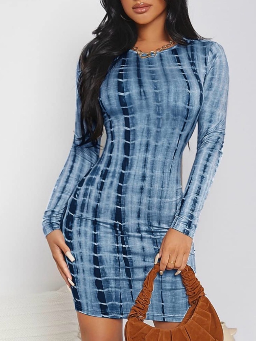 SHEIN Blue Tie-Dye Long Sleeve Bodycon Dress
